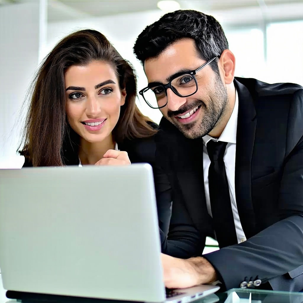 2 modern spanish looking executives learning in front of a laptop male female both white-1