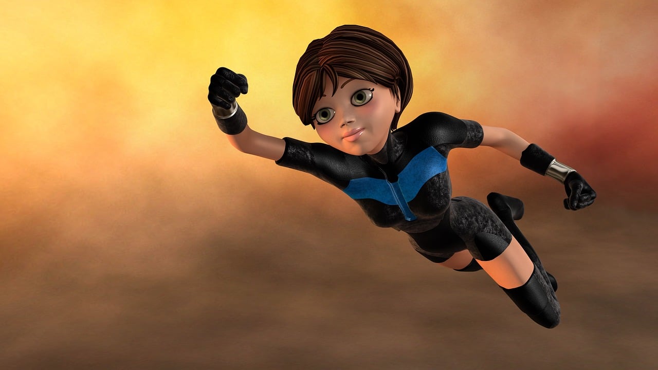 Súper heroína volando con capa hecha en animación 3D