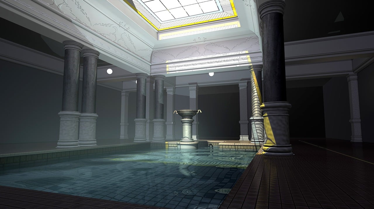 Escena de animación 3D en la que se ve una sala con columnas y un techo de cristal