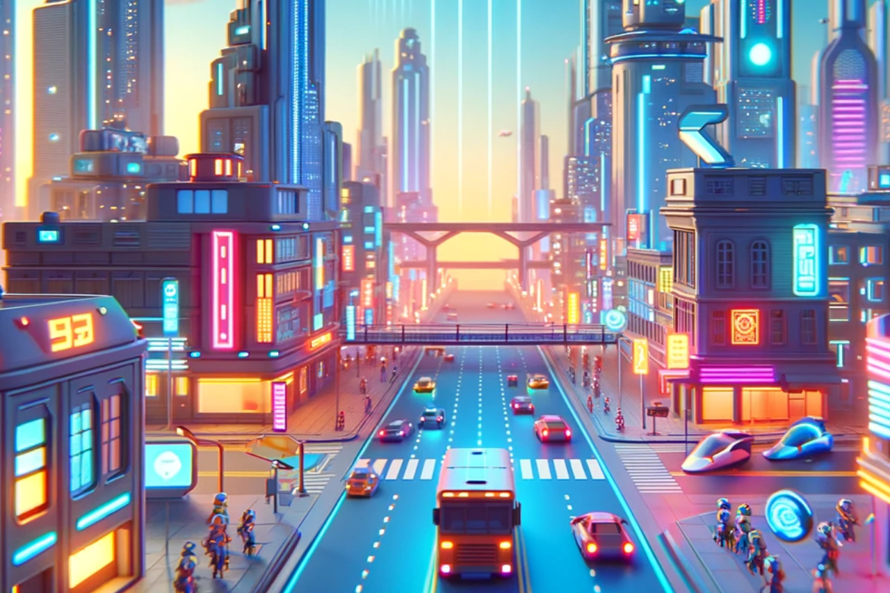 Animación 3D futurista de una gran ciudad con rascacielos